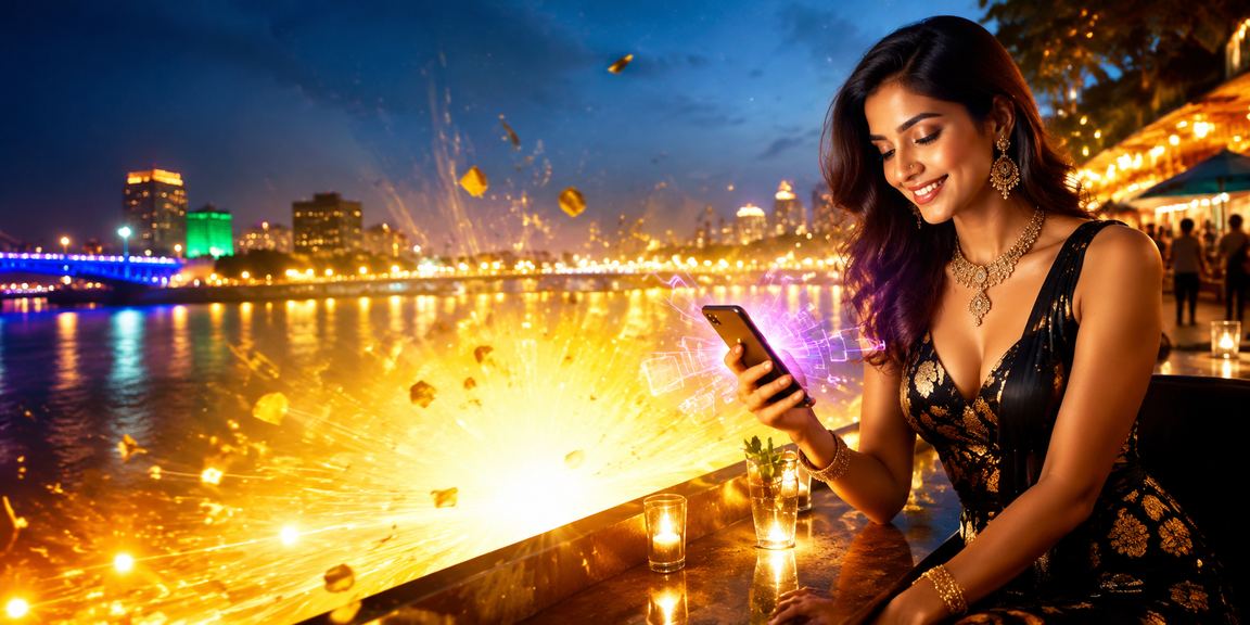 Ahmedabad riverfront casino scene showing mobile access at night