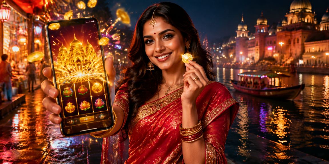 Close up of Indian woman playing slot game online in traditional saree